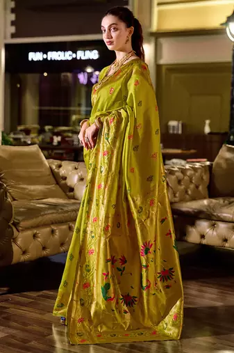 Light green peacock butti silk blend zari weaving paithani saree