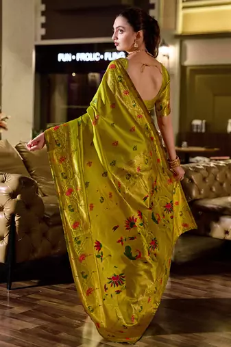 Light green peacock butti silk blend zari weaving paithani saree