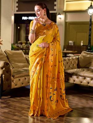 Golden yellow peacock butti silk blend zari weaving paithani saree 1