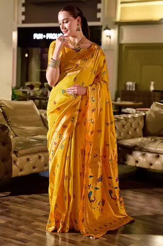 Golden yellow peacock butti silk blend zari weaving paithani saree