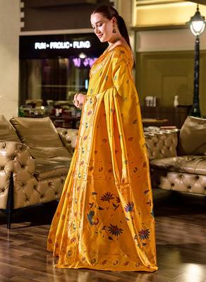 Golden yellow peacock butti silk blend zari weaving paithani saree 2