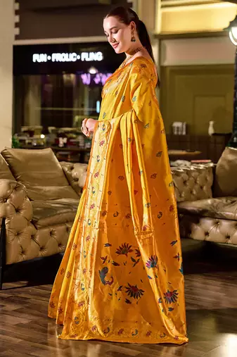 Golden yellow peacock butti silk blend zari weaving paithani saree