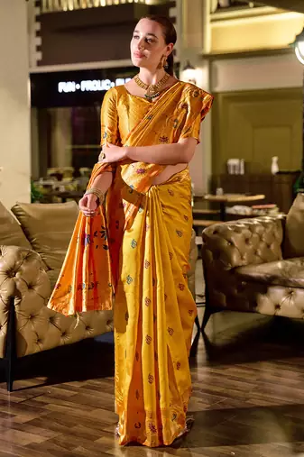 Golden yellow peacock butti silk blend zari weaving paithani saree