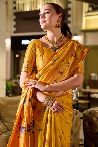 Golden yellow peacock butti silk blend zari weaving paithani saree