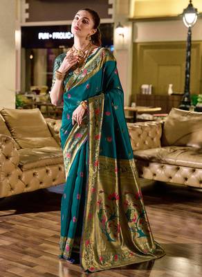 Deep teal peacock butti silk blend zari weaving paithani saree 1