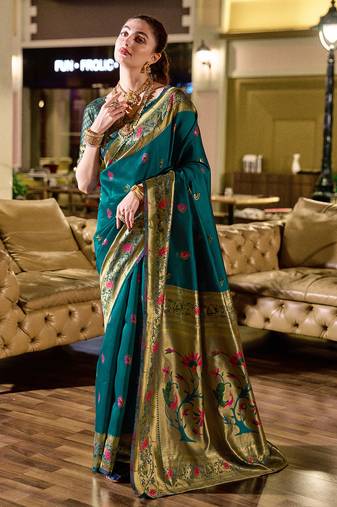 Deep teal peacock butti silk blend zari weaving paithani saree