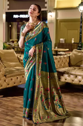 Deep teal peacock butti silk blend zari weaving paithani saree