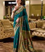 Deep teal peacock butti silk blend zari weaving paithani saree