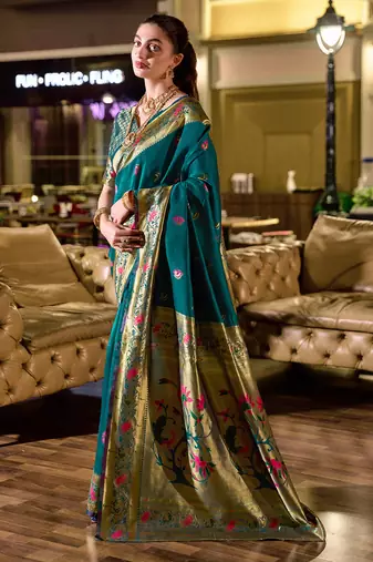 Deep teal peacock butti silk blend zari weaving paithani saree