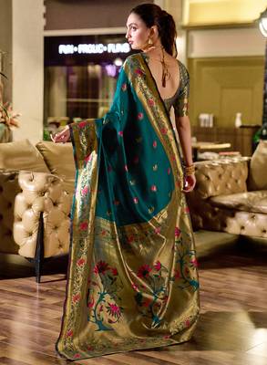 Deep teal peacock butti silk blend zari weaving paithani saree 3
