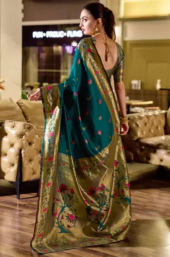 Deep teal peacock butti silk blend zari weaving paithani saree