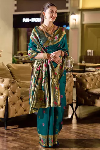 Deep teal peacock butti silk blend zari weaving paithani saree