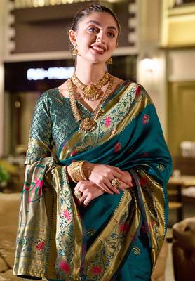 Deep teal peacock butti silk blend zari weaving paithani saree 5