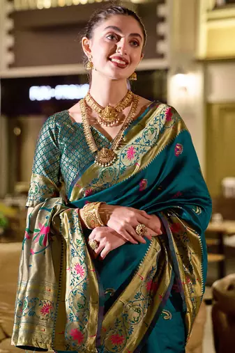 Deep teal peacock butti silk blend zari weaving paithani saree