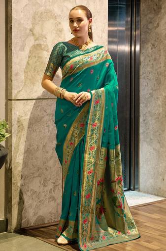 Green peacock butti silk blend zari weaving paithani saree