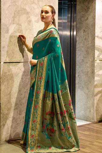 Green peacock butti silk blend zari weaving paithani saree
