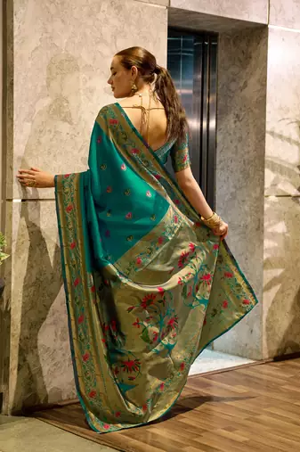 Green peacock butti silk blend zari weaving paithani saree
