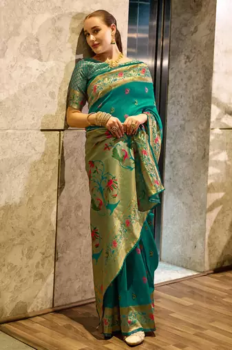 Green peacock butti silk blend zari weaving paithani saree