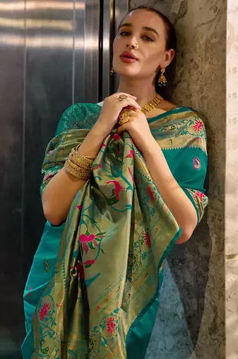 Green peacock butti silk blend zari weaving paithani saree