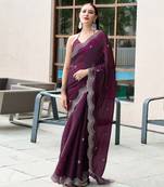 Wine butti embroidery work shimmer chiffon bollywood saree