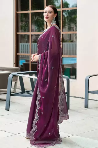 Wine butti embroidery work shimmer chiffon bollywood saree