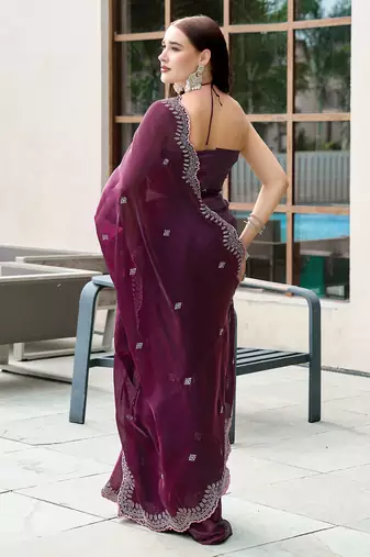 Wine butti embroidery work shimmer chiffon bollywood saree