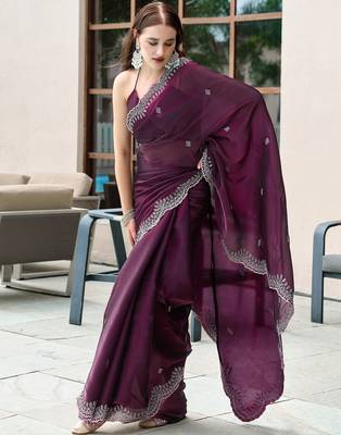 Wine butti embroidery work shimmer chiffon bollywood saree 4