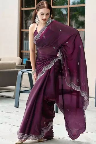 Wine butti embroidery work shimmer chiffon bollywood saree
