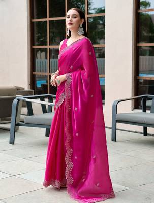 Hot pink butti embroidery work shimmer chiffon bollywood saree 2
