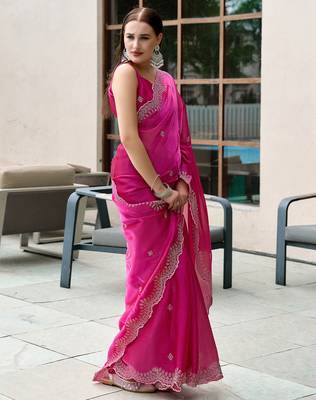 Hot pink butti embroidery work shimmer chiffon bollywood saree 4