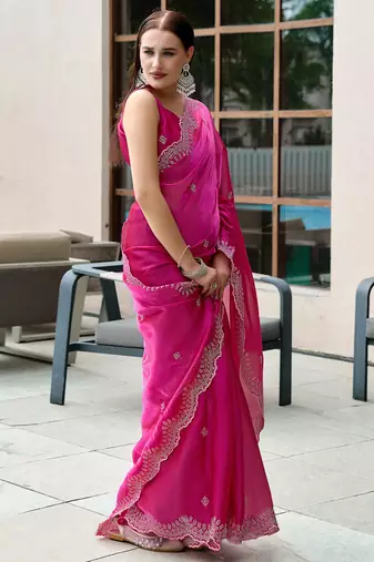 Hot pink butti embroidery work shimmer chiffon bollywood saree