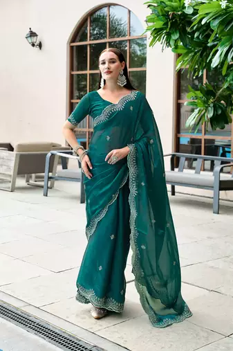 Teal green butti embroidery work shimmer chiffon bollywood saree
