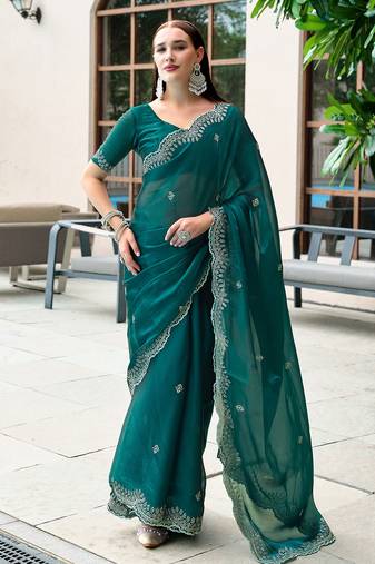 Teal green butti embroidery work shimmer chiffon bollywood saree