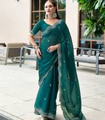 Teal green butti embroidery work shimmer chiffon bollywood saree