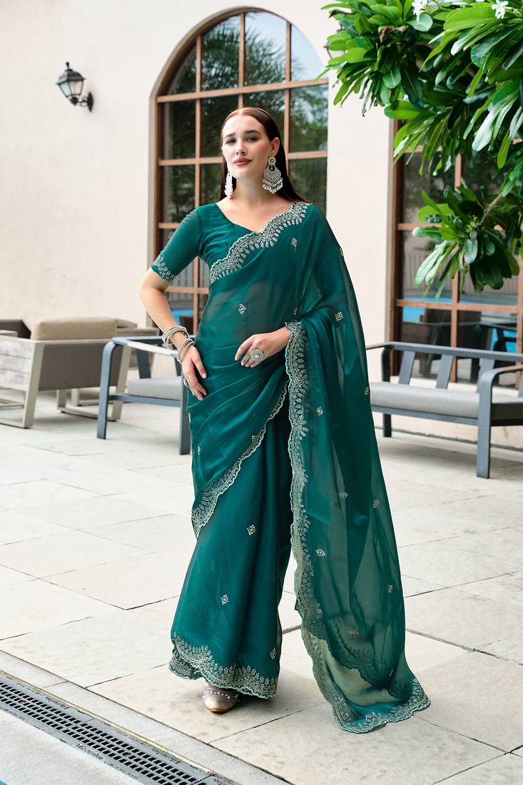 Teal green butti embroidery work shimmer chiffon bollywood saree