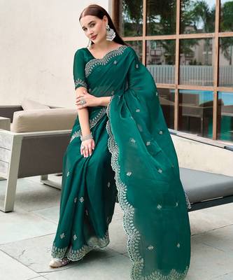 Teal green butti embroidery work shimmer chiffon bollywood saree 2
