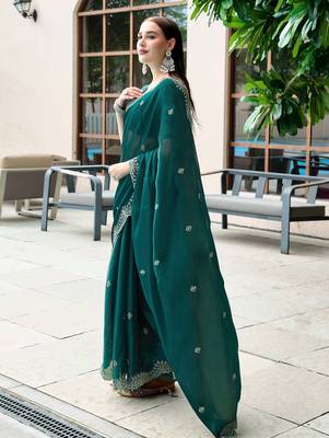 Teal green butti embroidery work shimmer chiffon bollywood saree 3