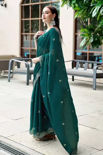 Teal green butti embroidery work shimmer chiffon bollywood saree