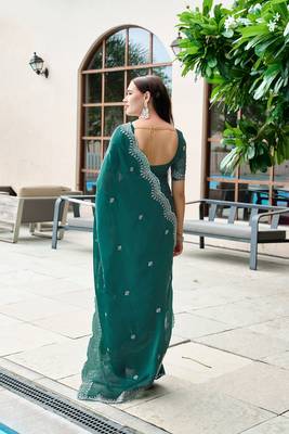 Teal green butti embroidery work shimmer chiffon bollywood saree 4