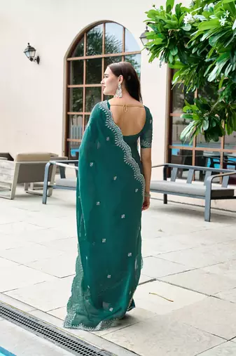 Teal green butti embroidery work shimmer chiffon bollywood saree