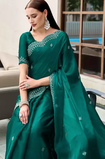 Teal green butti embroidery work shimmer chiffon bollywood saree