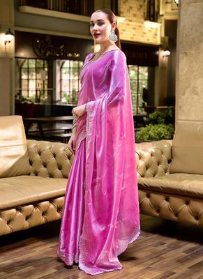 Baby pink butti embroidery work shimmer chiffon bollywood saree 2