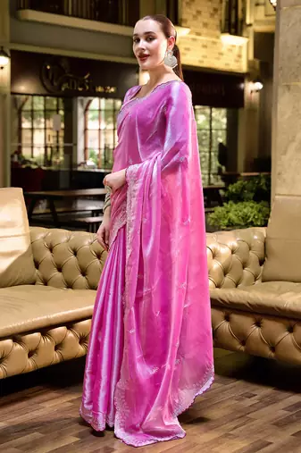 Baby pink butti embroidery work shimmer chiffon bollywood saree