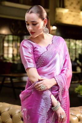 Baby pink butti embroidery work shimmer chiffon bollywood saree 5