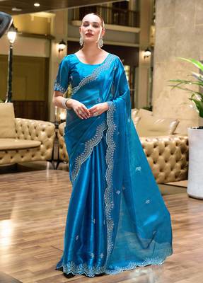 Sky blue butti embroidery work shimmer chiffon bollywood saree 1