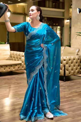 Sky blue butti embroidery work shimmer chiffon bollywood saree