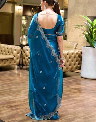Sky blue butti embroidery work shimmer chiffon bollywood saree 4
