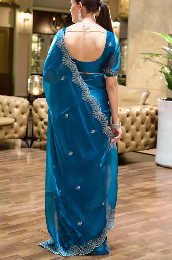 Sky blue butti embroidery work shimmer chiffon bollywood saree