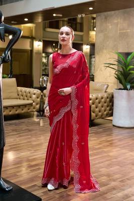 Red butti embroidery work shimmer chiffon bollywood saree 1