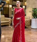 Red butti embroidery work shimmer chiffon bollywood saree